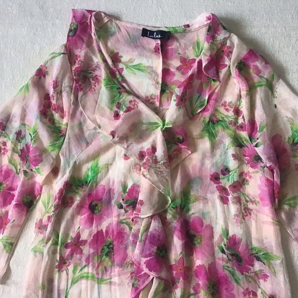 Lulus Poolside Vibes Blush Pink Floral Print Cover-Up Ruffle Front Feminine - Picture 2 of 10